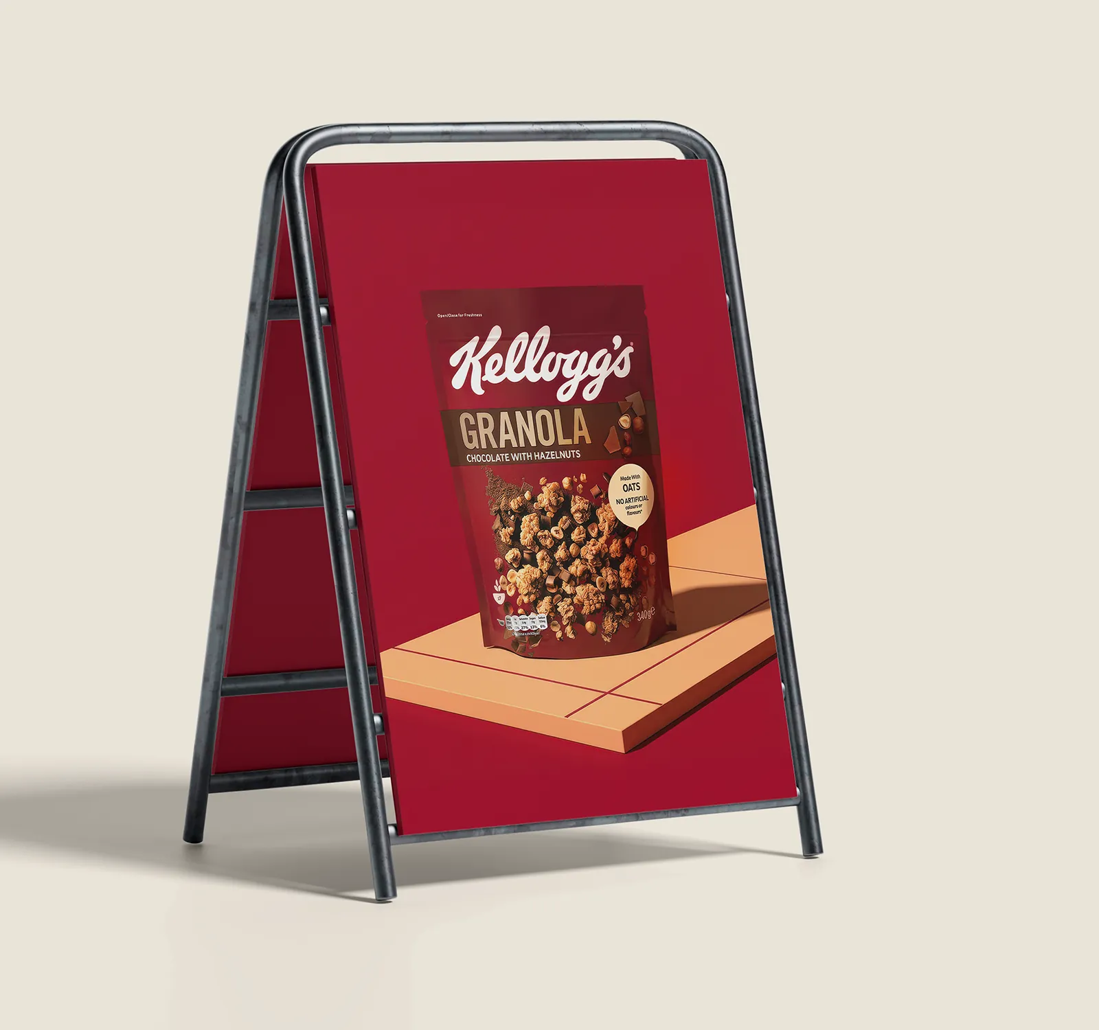 AI-generated granola pack image on a street A-frame sign mockup