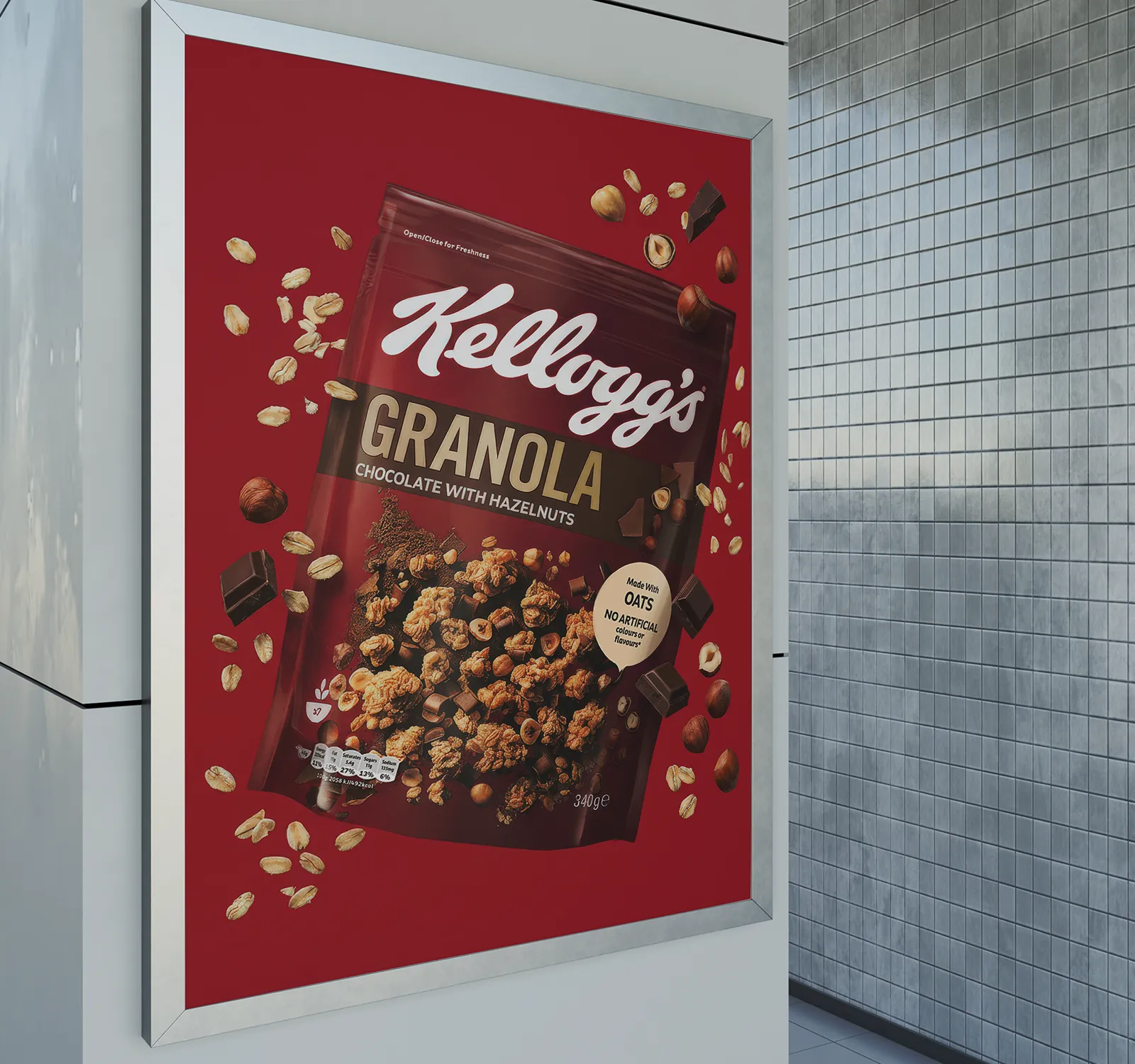 AI-generated granola pack image as an indoor poster mockup