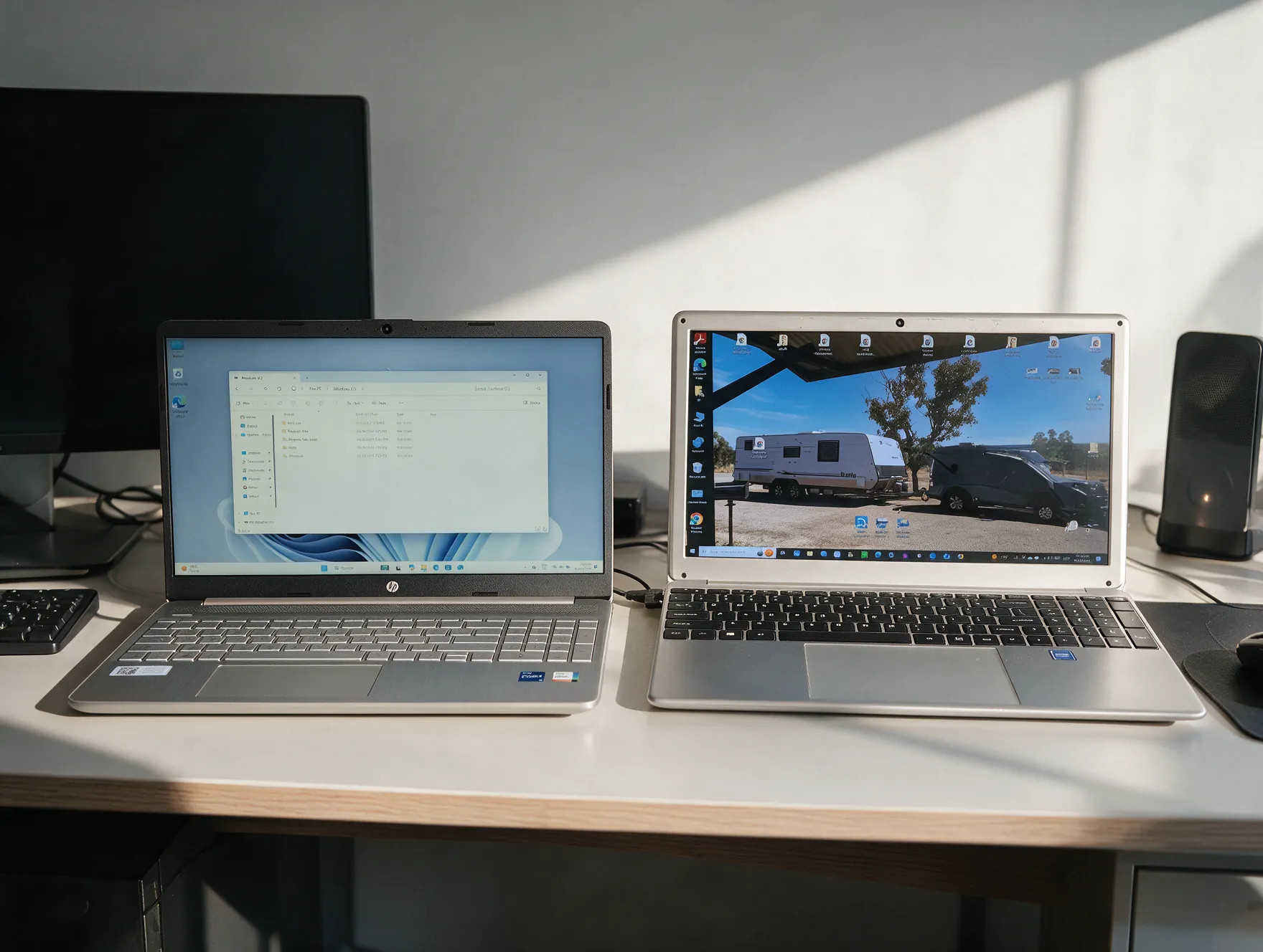 A laptop being set up on a desk with a phone and accessories