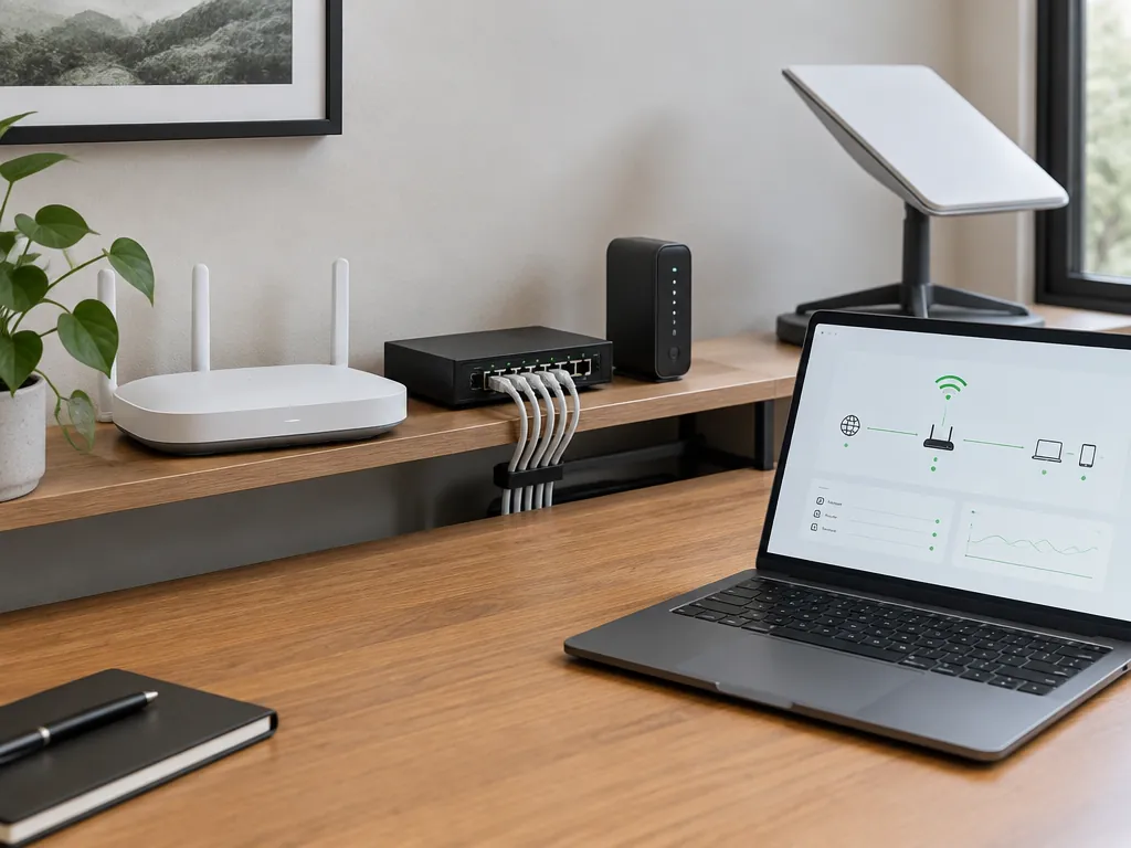A router, network switch and laptop set up on a desk