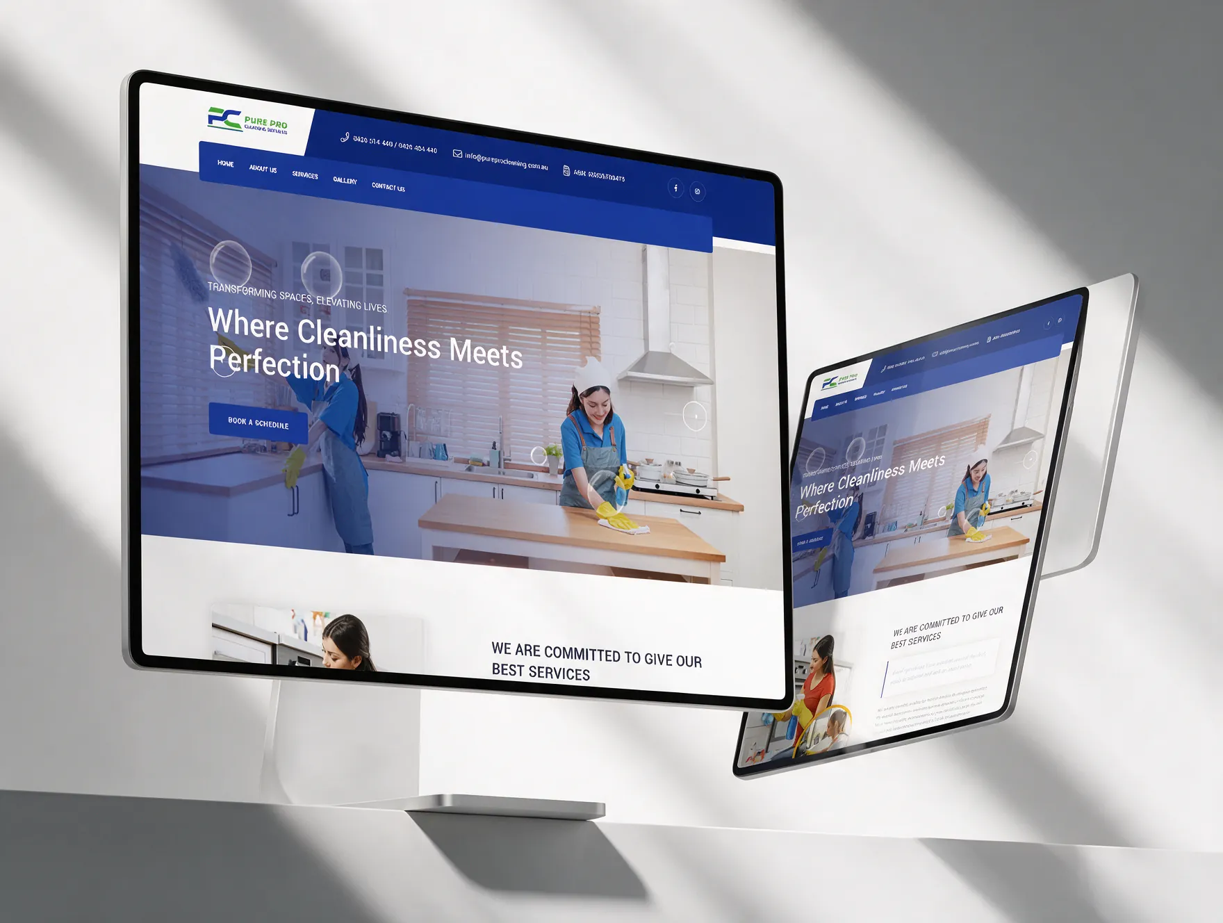 PurePro Cleaning website shown on a desktop screen and a tablet